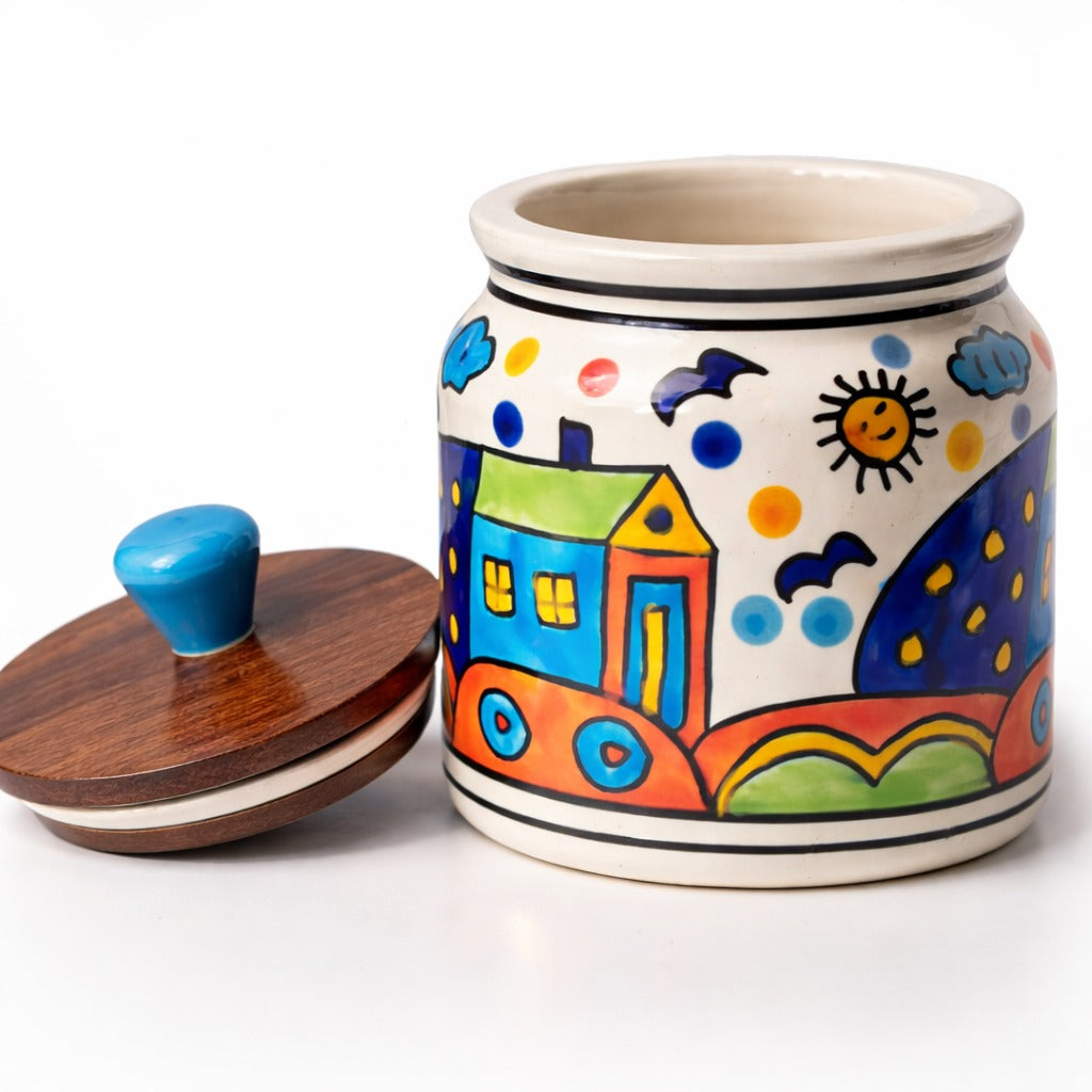 Sajaao Handpainted Hut Ceramic Storage Jar with Airtight Wooden Lid (450 ml)