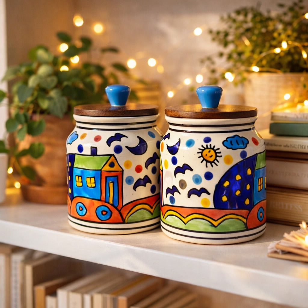 Sajaao Handpainted Hut Ceramic Storage Jars with Airtight Wooden Lid (450 ml, Multicolour, Pack of 2)