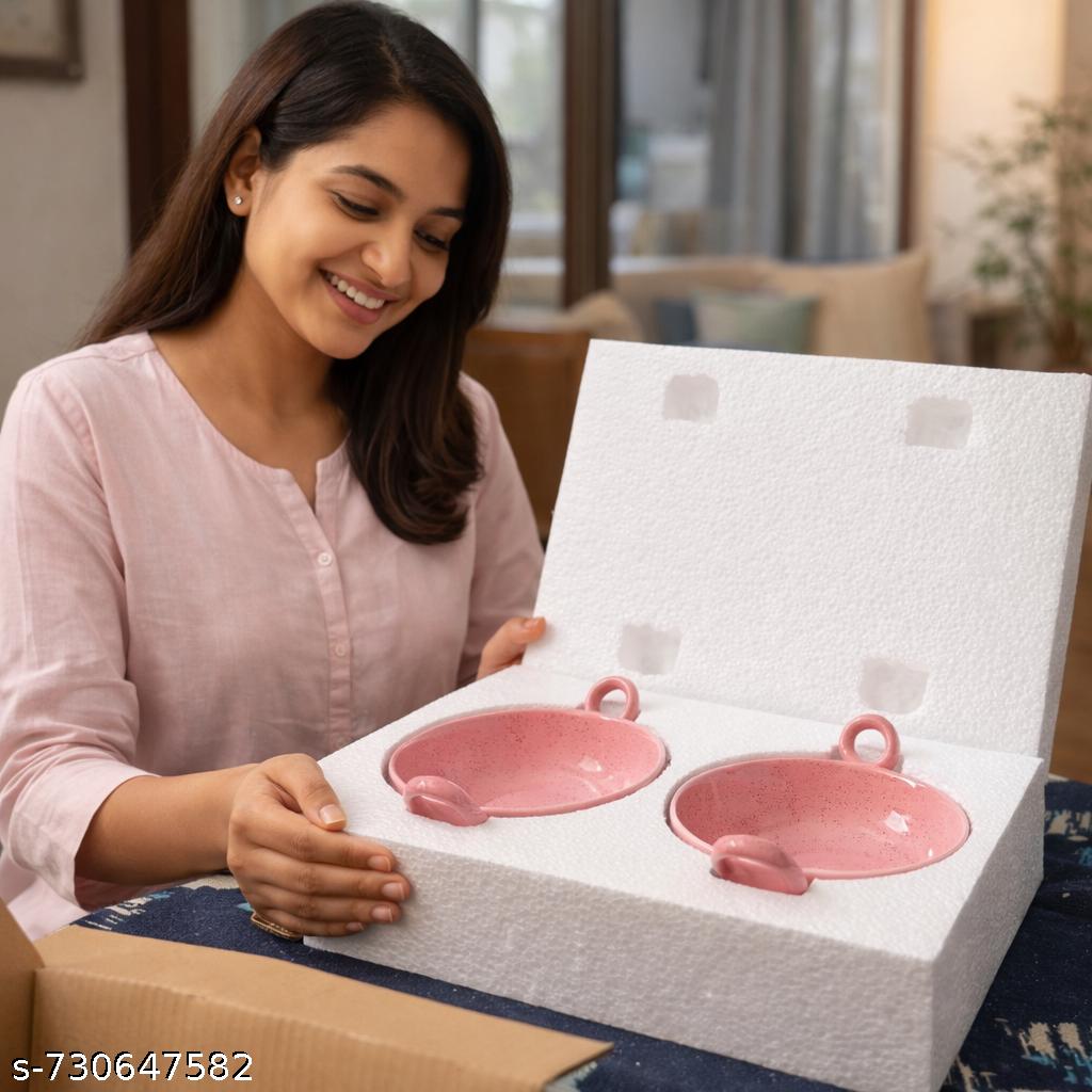 Sajaao kadhai shaped ceramic serving bowl, rose pink serveware (small size, set of 2)