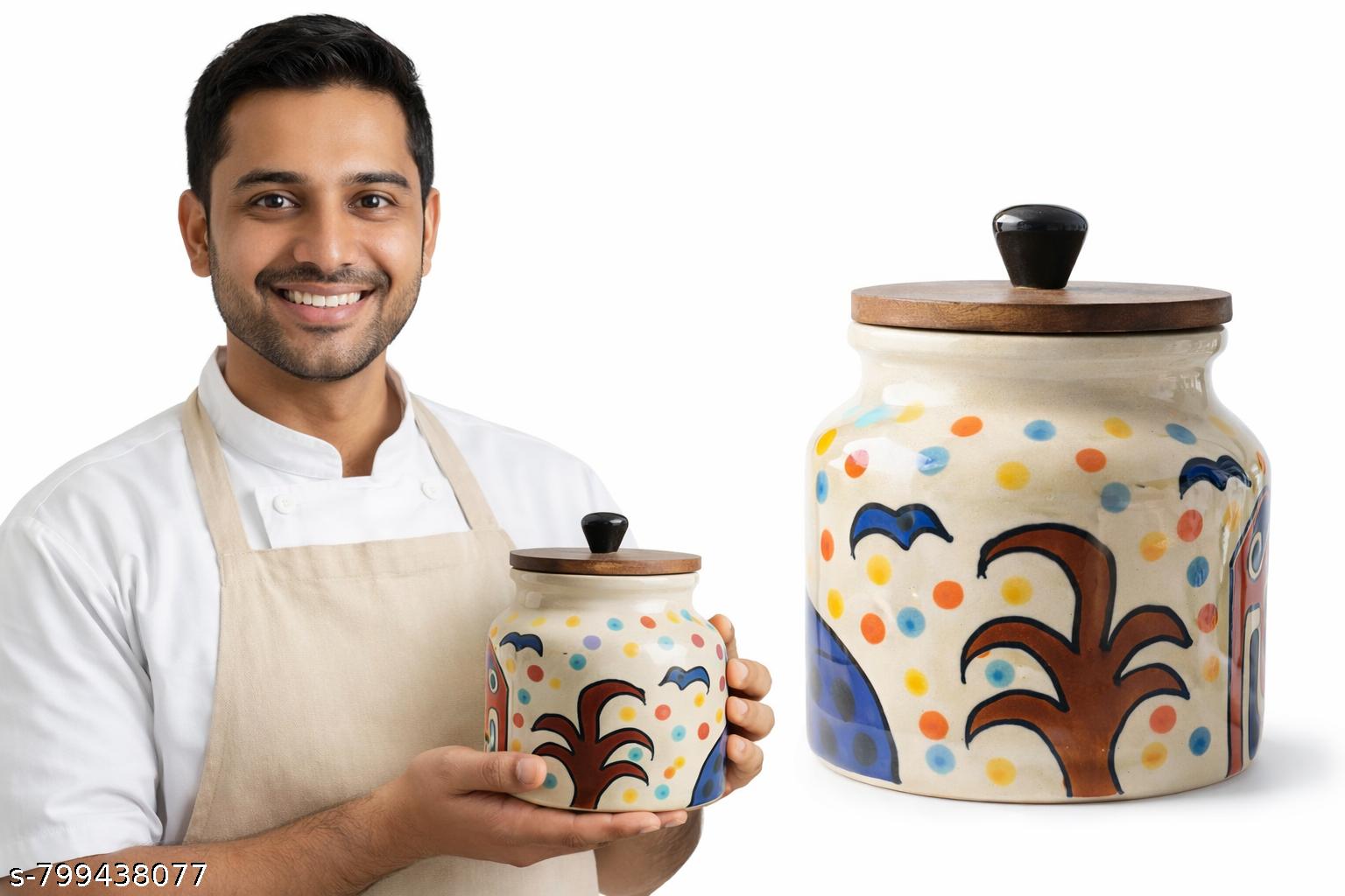 SAJAAO Handcrafted Airtight Ceramic Jar & Leaf Shaped Platter Combo (Pack of 4)