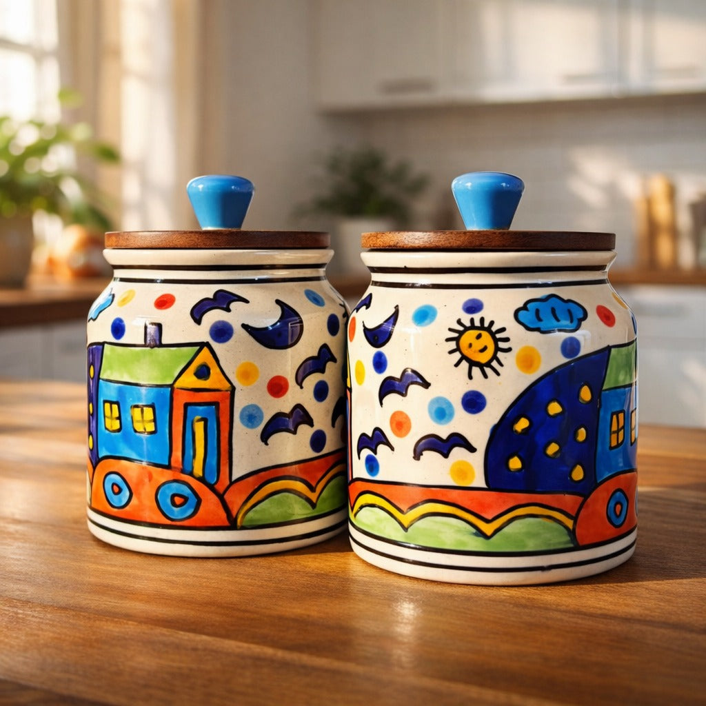 Sajaao Handpainted Hut Ceramic Storage Jars with Airtight Wooden Lid (450 ml, Multicolour, Pack of 2)