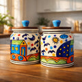 Sajaao Handpainted Hut Ceramic Storage Jars with Airtight Wooden Lid (450 ml, Multicolour, Pack of 2)