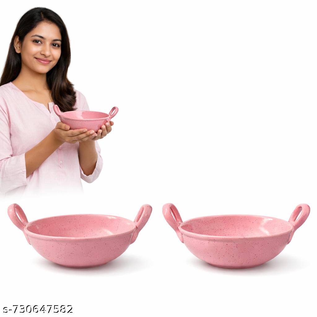 Sajaao kadhai shaped ceramic serving bowl, rose pink serveware (small size, set of 2)