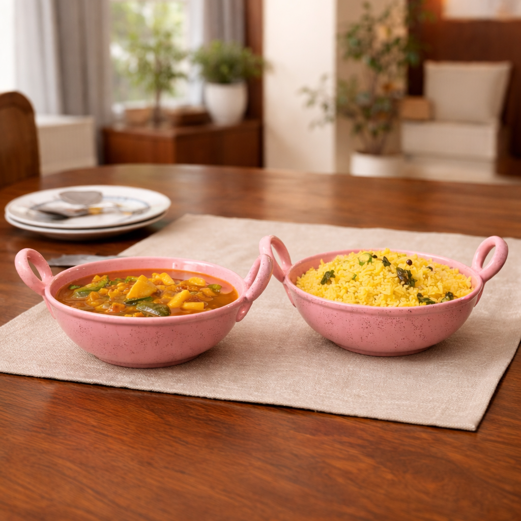 Sajaao kadhai shaped ceramic serving bowl, rose pink serveware (small size, set of 2)