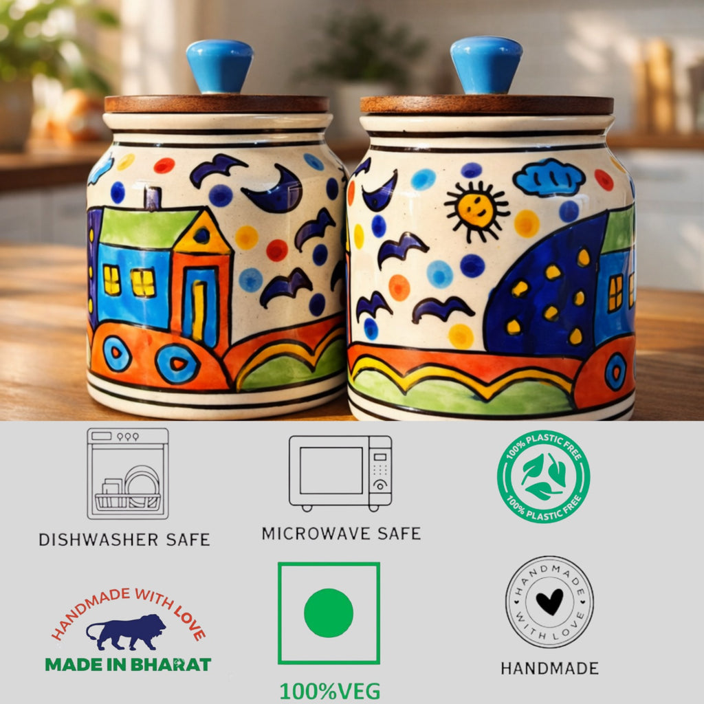 Sajaao Handpainted Hut Ceramic Storage Jars with Airtight Wooden Lid (450 ml, Multicolour, Pack of 2)