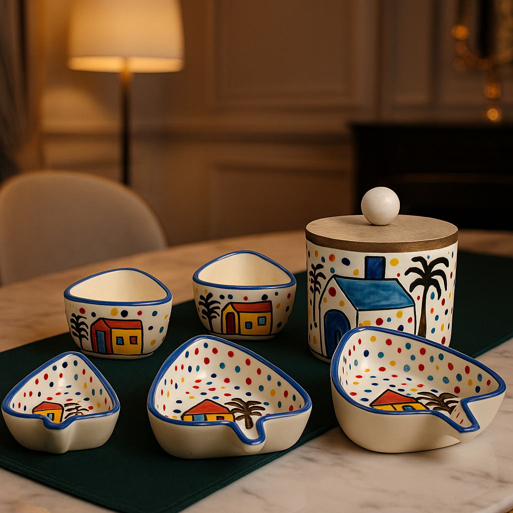 Hand‑Painted 6‑Piece Ceramic Serving Set with Lid Jar