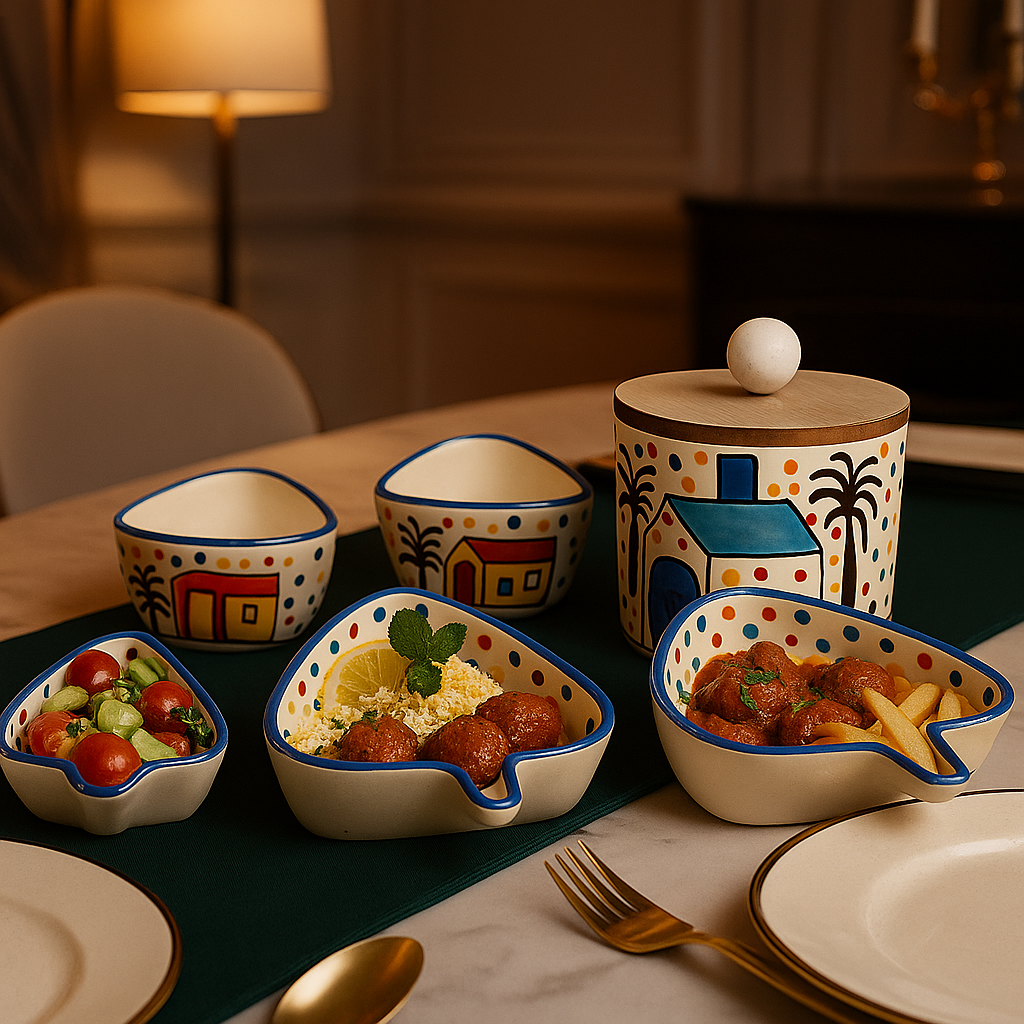 Hand‑Painted 6‑Piece Ceramic Serving Set with Lid Jar