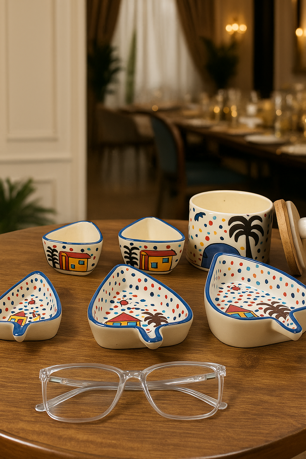 Hand‑Painted 6‑Piece Ceramic Serving Set with Lid Jar