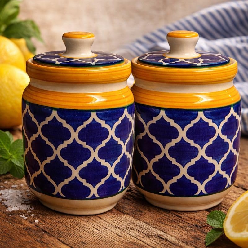 Sajaao Ceramic Storage Jar with Lid, Blue and Yellow Moroccan Pattern, Handcrafted Kitchen Container for Pickle, Spices, Tea, Coffee, Sugar (Blue, Set of 2)