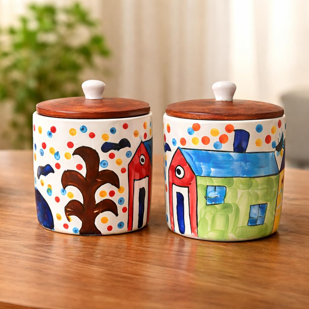 SAJAAO Village Ceramic Jars for Kitchen Storage, Multipurpose Containers for Tea, Coffee, Sugar, Salt (500 ml, Pack of 2)