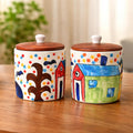 SAJAAO Village Ceramic Jars for Kitchen Storage, Multipurpose Containers for Tea, Coffee, Sugar, Salt (500 ml, Pack of 2)