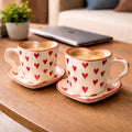 SAJAAO Heart Shape Ceramic Coffee Mug with Saucer for Tea, Cappuccino, Handpainted Red and White, Gift for Friend, Valentine Gift for Couples, Set of 2