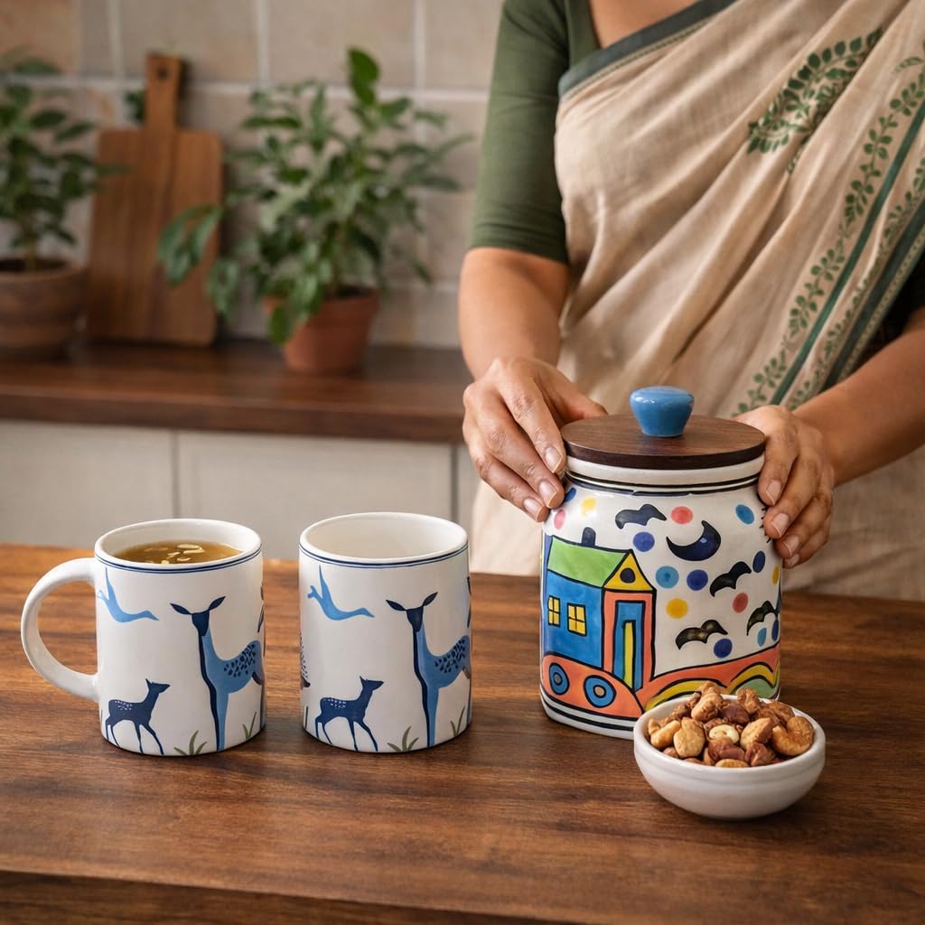 Sajaao Hand-Painted Ceramic Jar & Mugs combo, Airtight Kitchen Storage Container & Aesthetic Coffee Mugs Set (Blue, 1 Jar & 2 Mugs)
