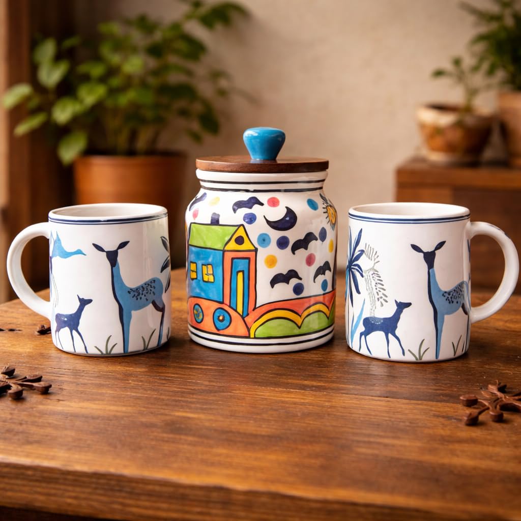 Sajaao Hand-Painted Ceramic Jar & Mugs combo, Airtight Kitchen Storage Container & Aesthetic Coffee Mugs Set (Blue, 1 Jar & 2 Mugs)