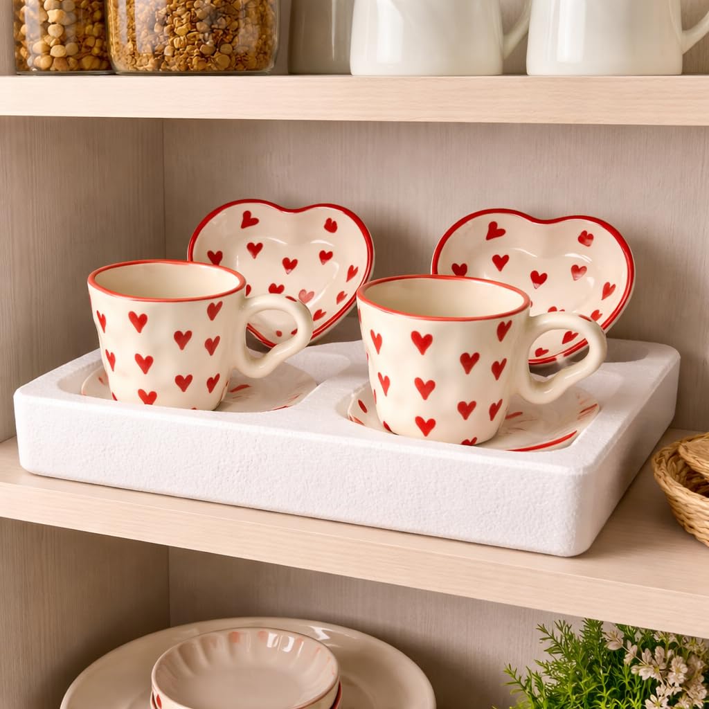 SAJAAO Heart Shape Ceramic Coffee Mug with Saucer for Tea, Cappuccino, Handpainted Red and White, Gift for Friend, Valentine Gift for Couples, Set of 2