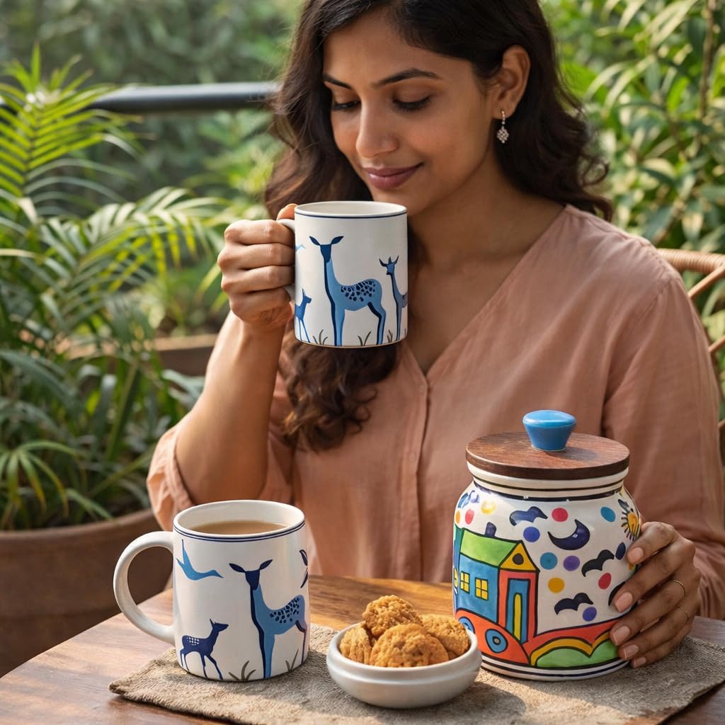 Sajaao Hand-Painted Ceramic Jar & Mugs combo, Airtight Kitchen Storage Container & Aesthetic Coffee Mugs Set (Blue, 1 Jar & 2 Mugs)