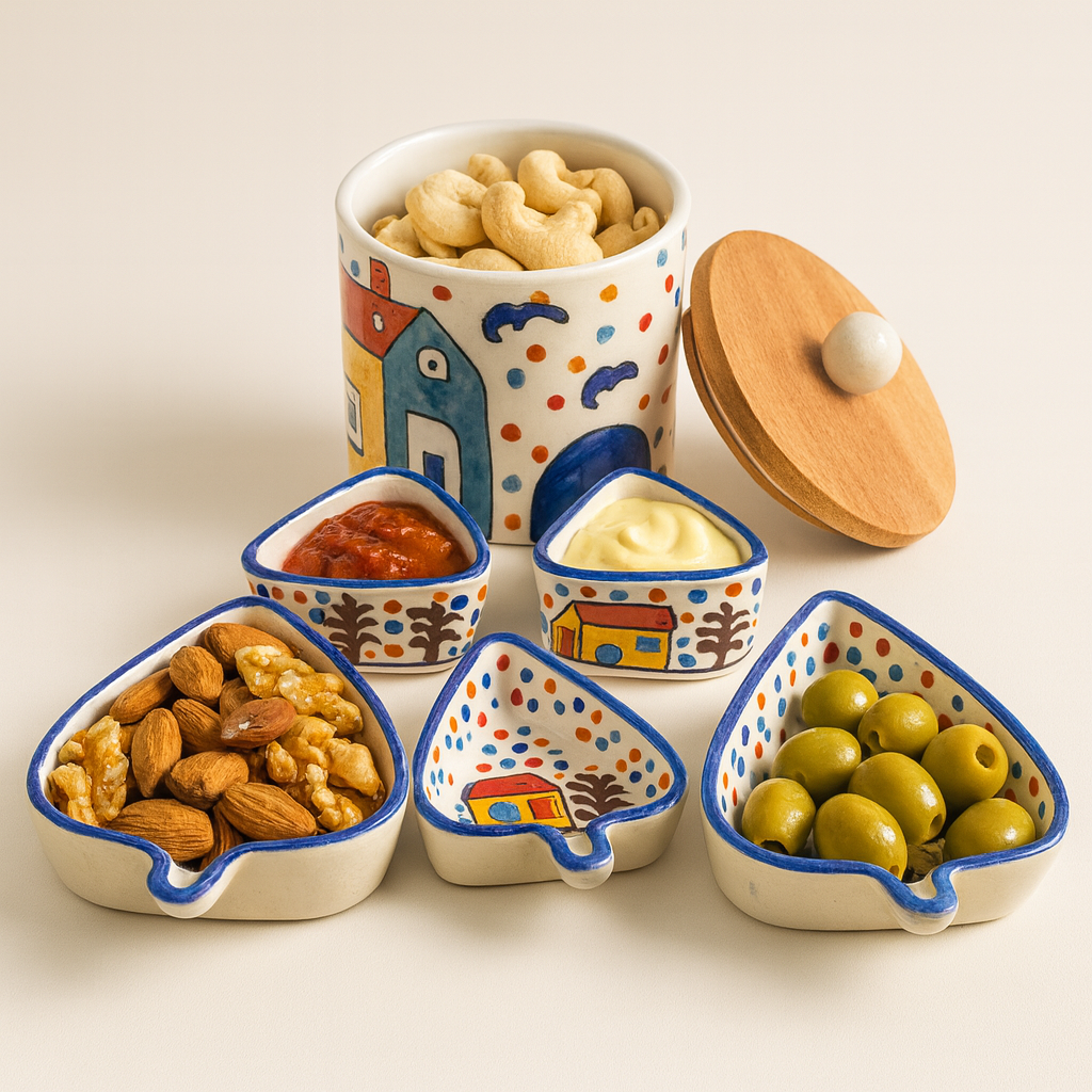 SAJAAO Hand‑Painted Ceramic 6‑Piece Serveware, Jar, Platter and bowl Set (Multicolour)