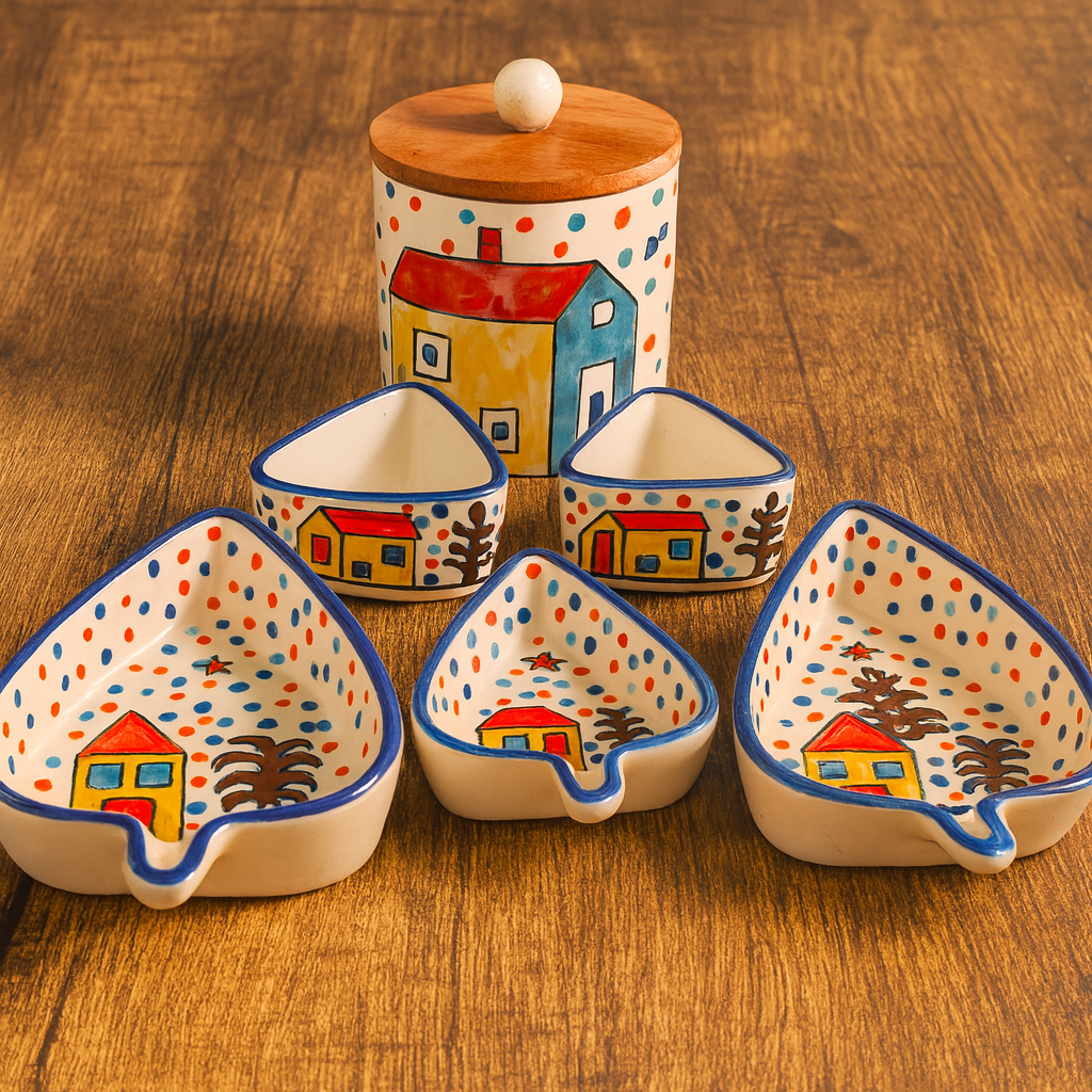 SAJAAO Hand‑Painted Ceramic 6‑Piece Serveware, Jar, Platter and bowl Set (Multicolour)