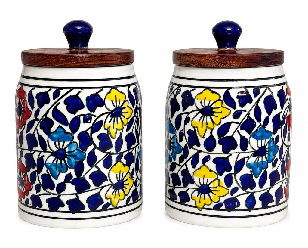 SAJAAO Blue Petal Ceramic Storage Jar Set of 2 with Wooden Airtight Lid, 600 ml Each, Handcrafted Canister for Tea, Coffee, Sugar