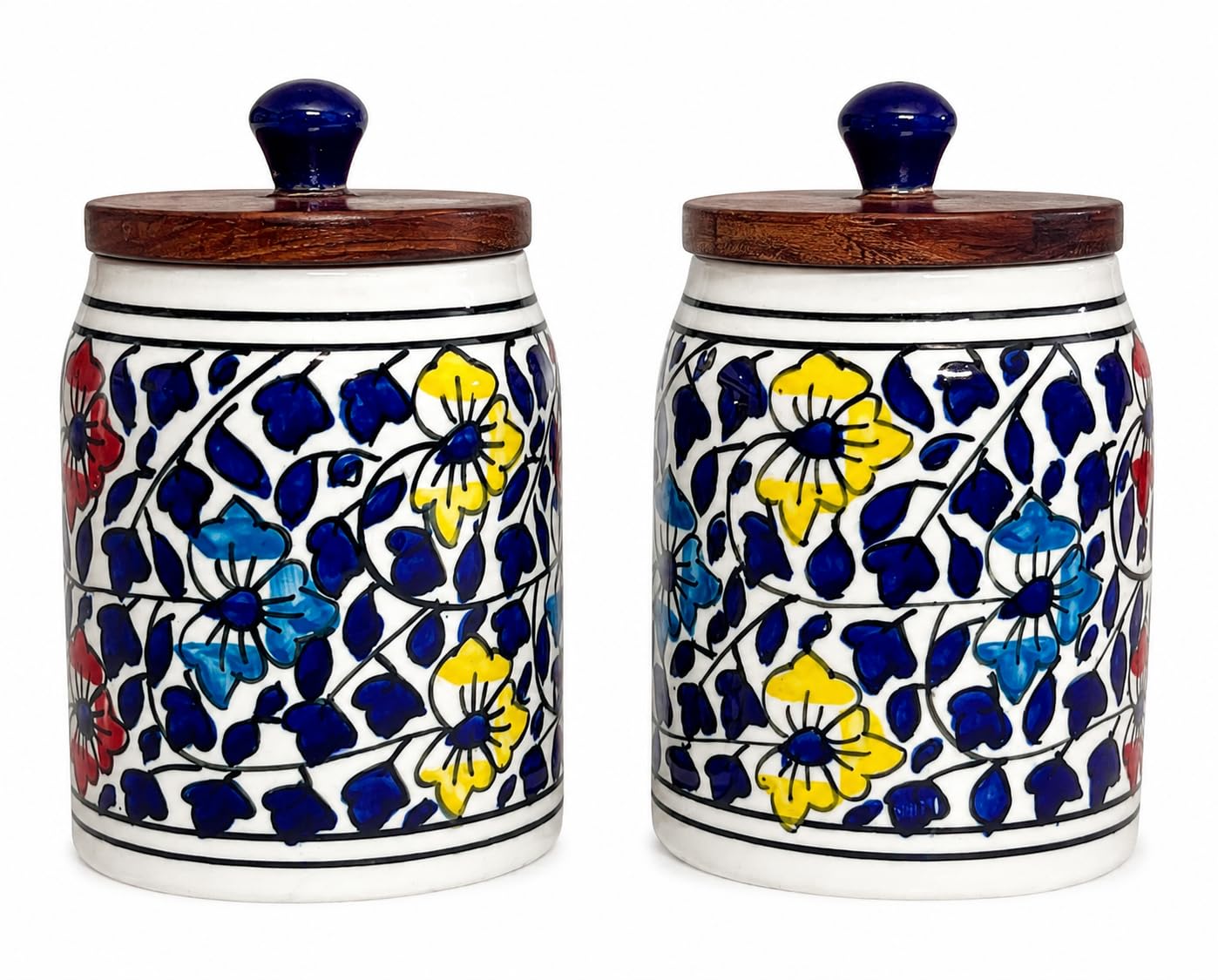 SAJAAO Blue Petal Ceramic Storage Jar Set of 2 with Wooden Airtight Lid, 600 ml Each, Handcrafted Canister for Tea, Coffee, Sugar