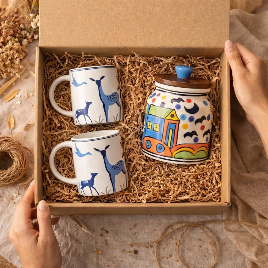 Sajaao Hand-Painted Ceramic Jar & Mugs combo, Airtight Kitchen Storage Container & Aesthetic Coffee Mugs Set (Blue, 1 Jar & 2 Mugs)