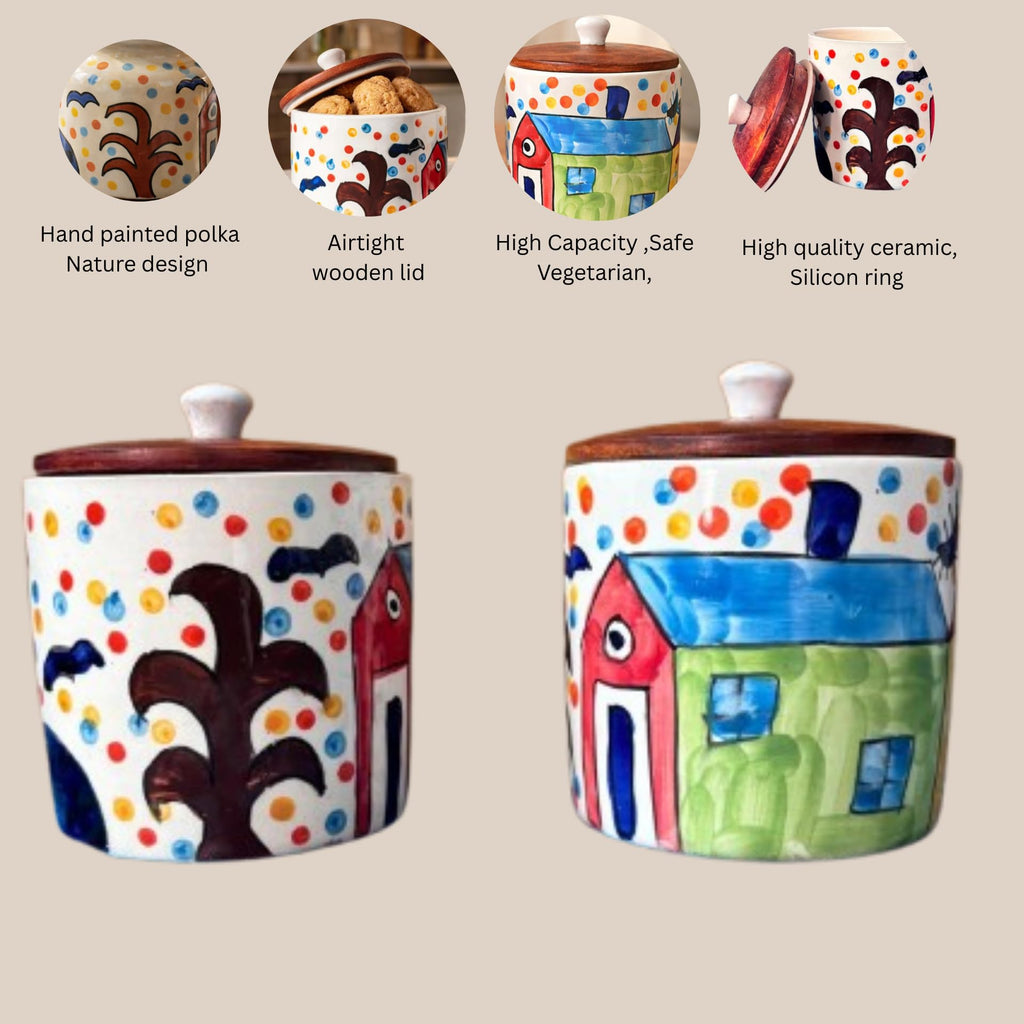 SAJAAO Village Ceramic Jars for Kitchen Storage, Multipurpose Containers for Tea, Coffee, Sugar, Salt (500 ml, Pack of 2)
