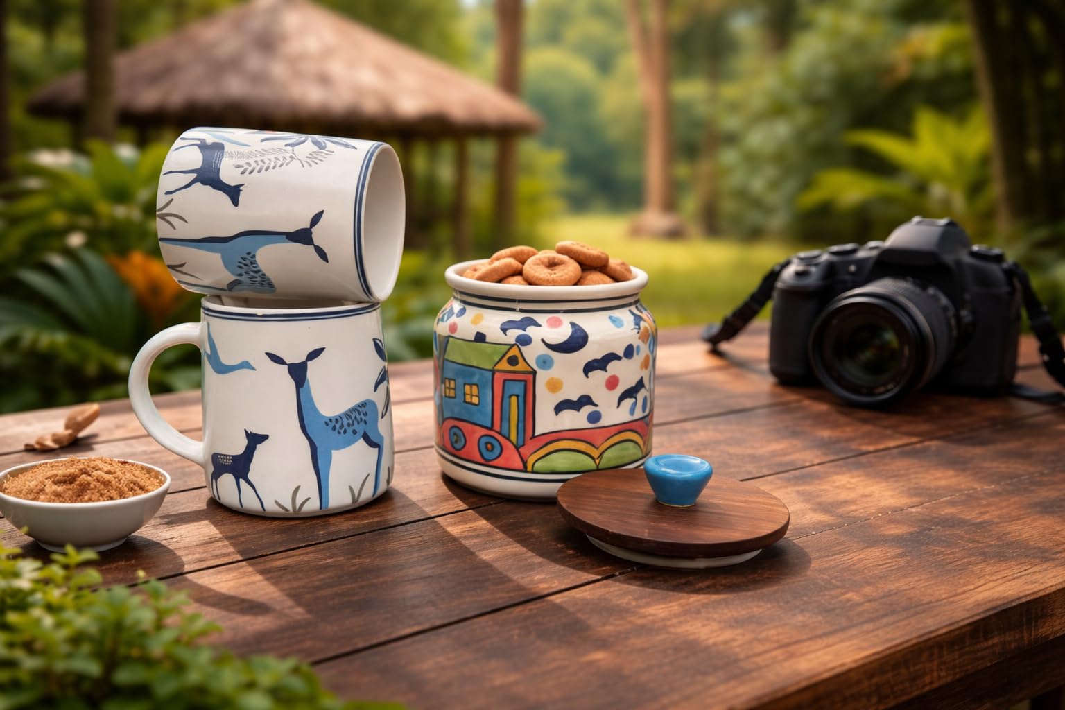Sajaao Hand-Painted Ceramic Jar & Mugs combo, Airtight Kitchen Storage Container & Aesthetic Coffee Mugs Set (Blue, 1 Jar & 2 Mugs)