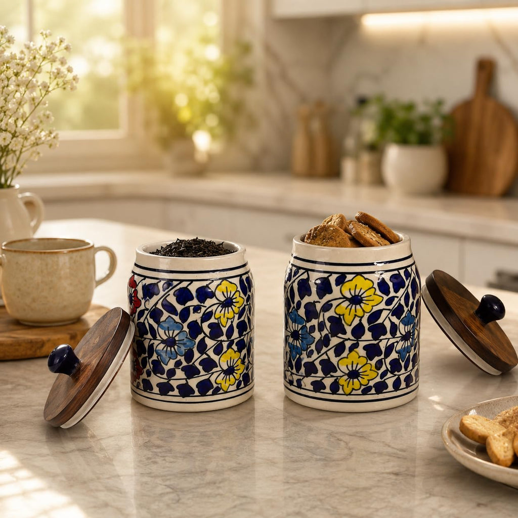 SAJAAO Blue Petal Ceramic Storage Jar Set of 2 with Wooden Airtight Lid, 600 ml Each, Handcrafted Canister for Tea, Coffee, Sugar