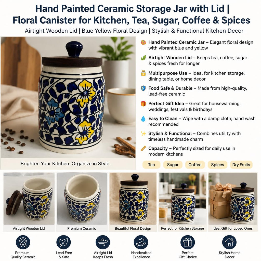 SAJAAO Blue Petal Ceramic Storage Jar Set of 2 with Wooden Airtight Lid, 600 ml Each, Handcrafted Canister for Tea, Coffee, Sugar
