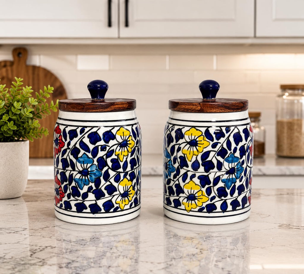 SAJAAO Blue Petal Ceramic Storage Jar Set of 2 with Wooden Airtight Lid, 600 ml Each, Handcrafted Canister for Tea, Coffee, Sugar