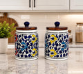 SAJAAO Blue Petal Ceramic Storage Jar Set of 2 with Wooden Airtight Lid, 600 ml Each, Handcrafted Canister for Tea, Coffee, Sugar