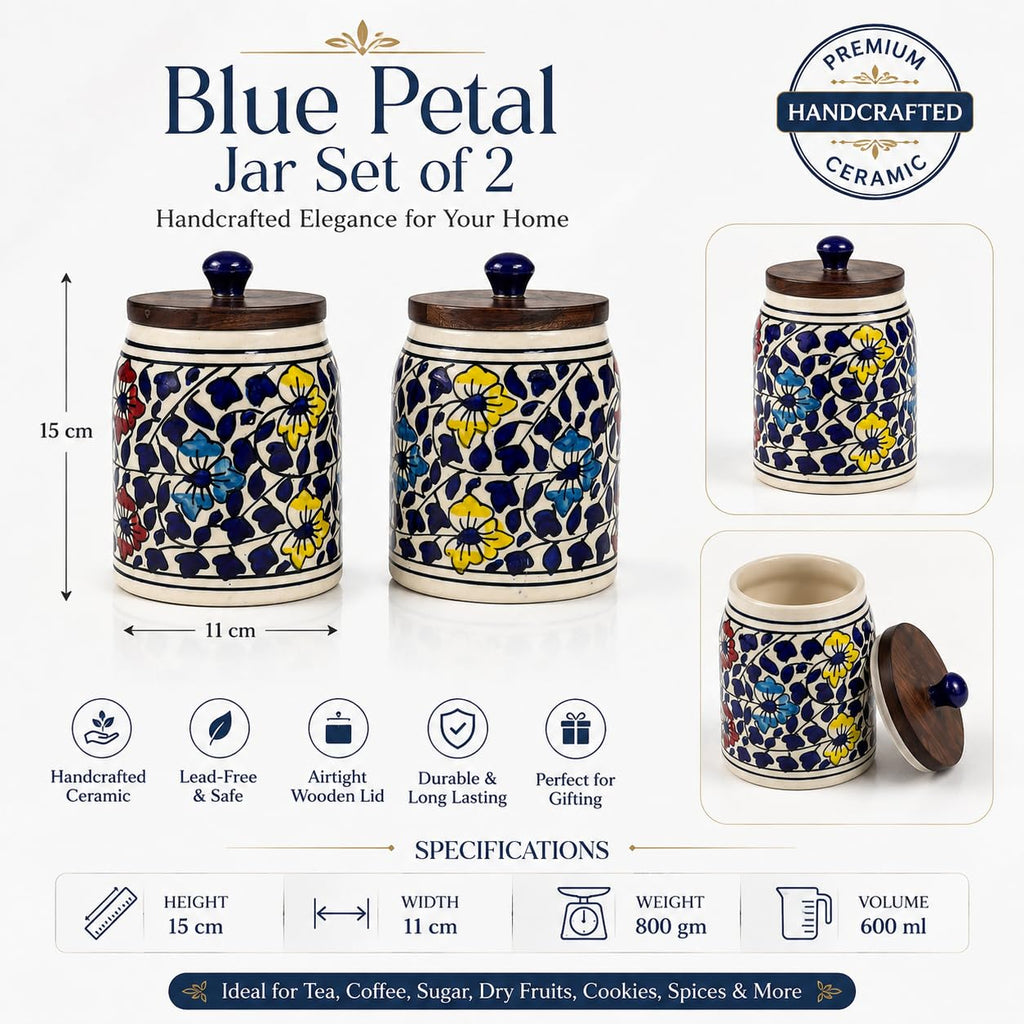 SAJAAO Blue Petal Ceramic Storage Jar Set of 2 with Wooden Airtight Lid, 600 ml Each, Handcrafted Canister for Tea, Coffee, Sugar