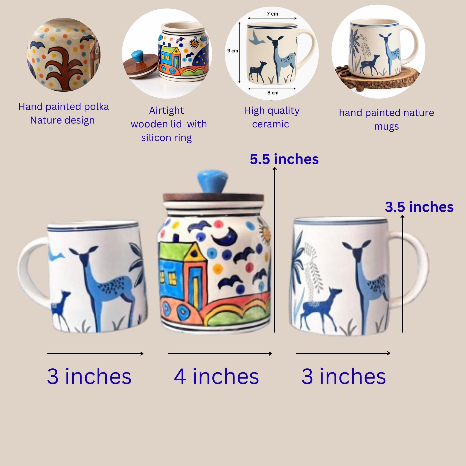 Sajaao Hand-Painted Ceramic Jar & Mugs combo, Airtight Kitchen Storage Container & Aesthetic Coffee Mugs Set (Blue, 1 Jar & 2 Mugs)