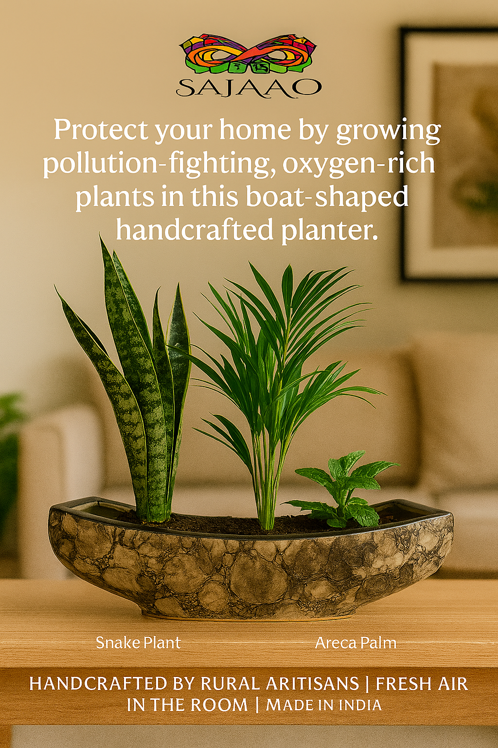 SAJAAO Boat Shaped Ceramic Planter (Black, Set of 2 , Plant not included)