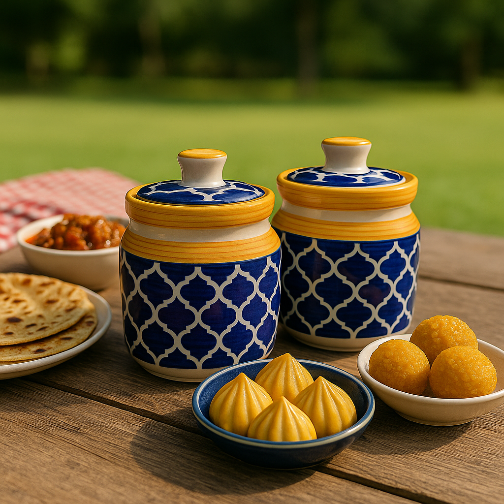 Sajaao Ceramic Storage Jar with Lid, Blue and Yellow Moroccan Pattern, Handcrafted Kitchen Container for Pickle, Spices, Tea, Coffee, Sugar (Blue, Set of 2)
