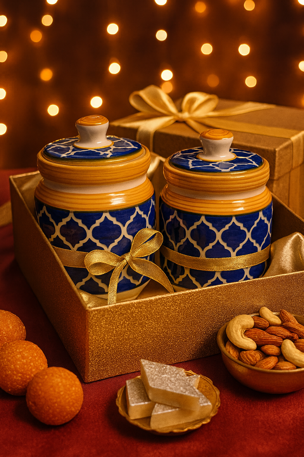 Sajaao Ceramic Storage Jar with Lid, Blue and Yellow Moroccan Pattern, Handcrafted Kitchen Container for Pickle, Spices, Tea, Coffee, Sugar (Blue, Set of 2)