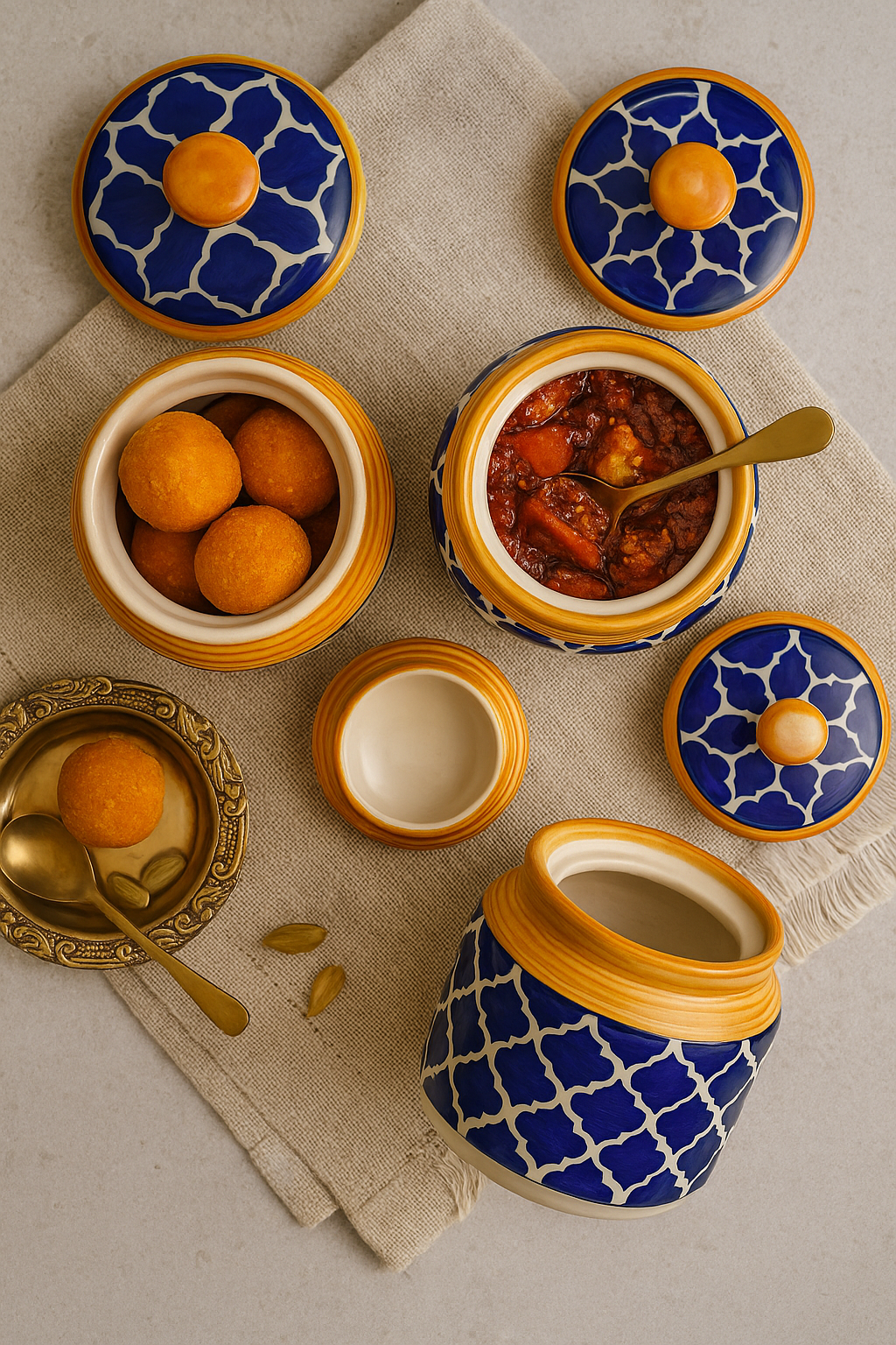 Sajaao Ceramic Storage Jar with Lid, Blue and Yellow Moroccan Pattern, Handcrafted Kitchen Container for Pickle, Spices, Tea, Coffee, Sugar (Blue, Set of 2)
