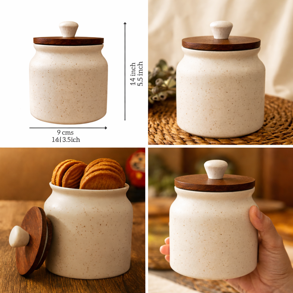 Sajaao Ceramic Storage Jar with airtight wooden lid, Handcrafted Kitchen Container for Tea, Coffee, Sugar & Salt (400ml, Creme, Pack of 2)