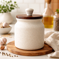 Sajaao Ceramic Storage Jar with Airtight Wooden lid (Off White, 450ml)