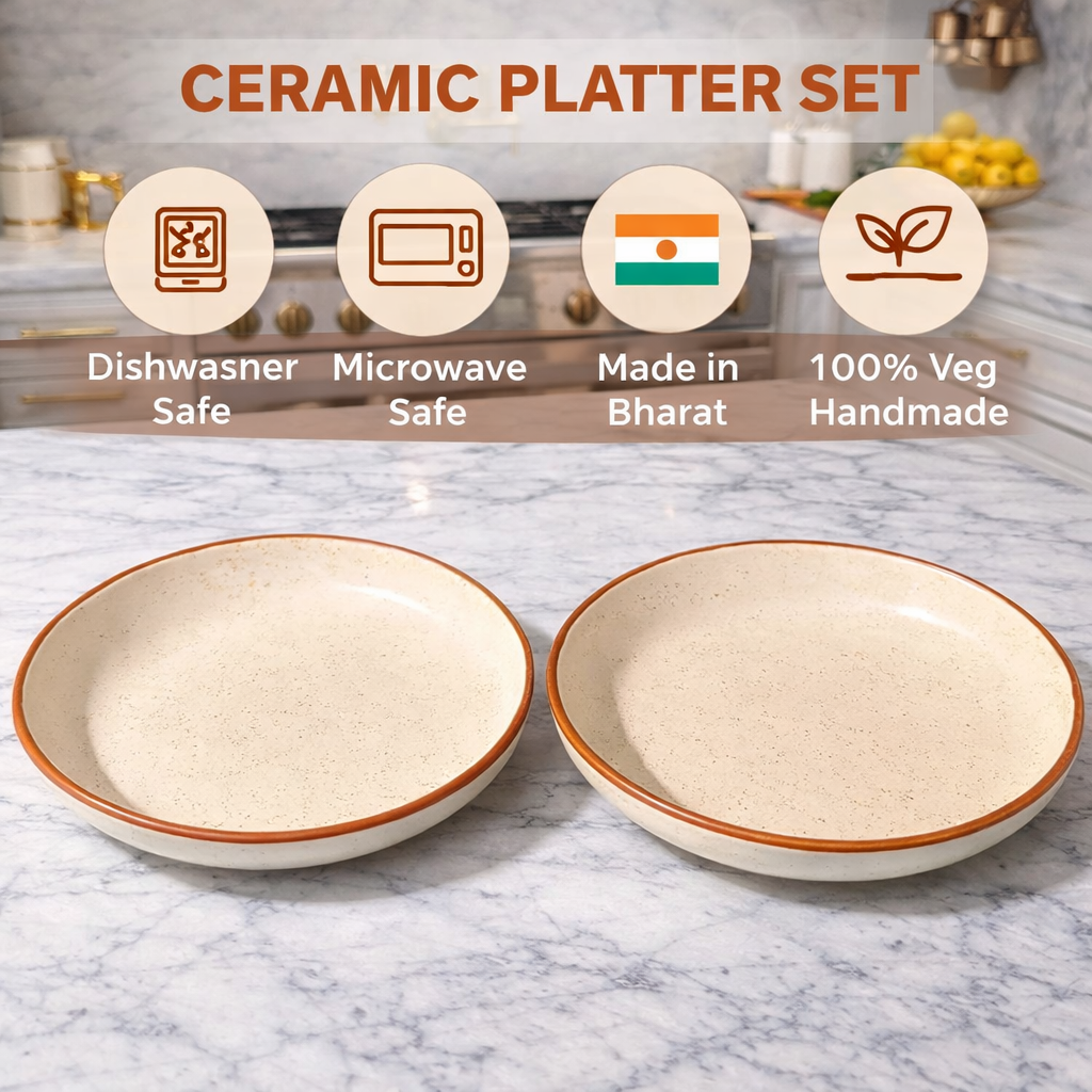 SAJAAO Ceramic Serving Platter Set, Premium Dinnerware for Serving Snacks, Salad, Fruit, Ramen, Appetizers, Noodles (Cream, Pack of 2)