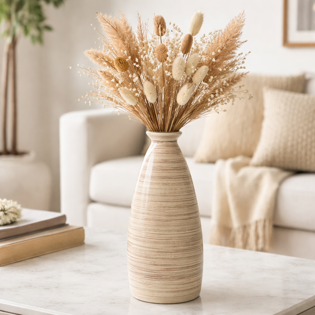 SAJAAO Nordic Texture Ceramic Flower Vase for Pampas Grass, & Live Plants, Modern Minimalist Style (11 inch, Beige, Flower not Included)