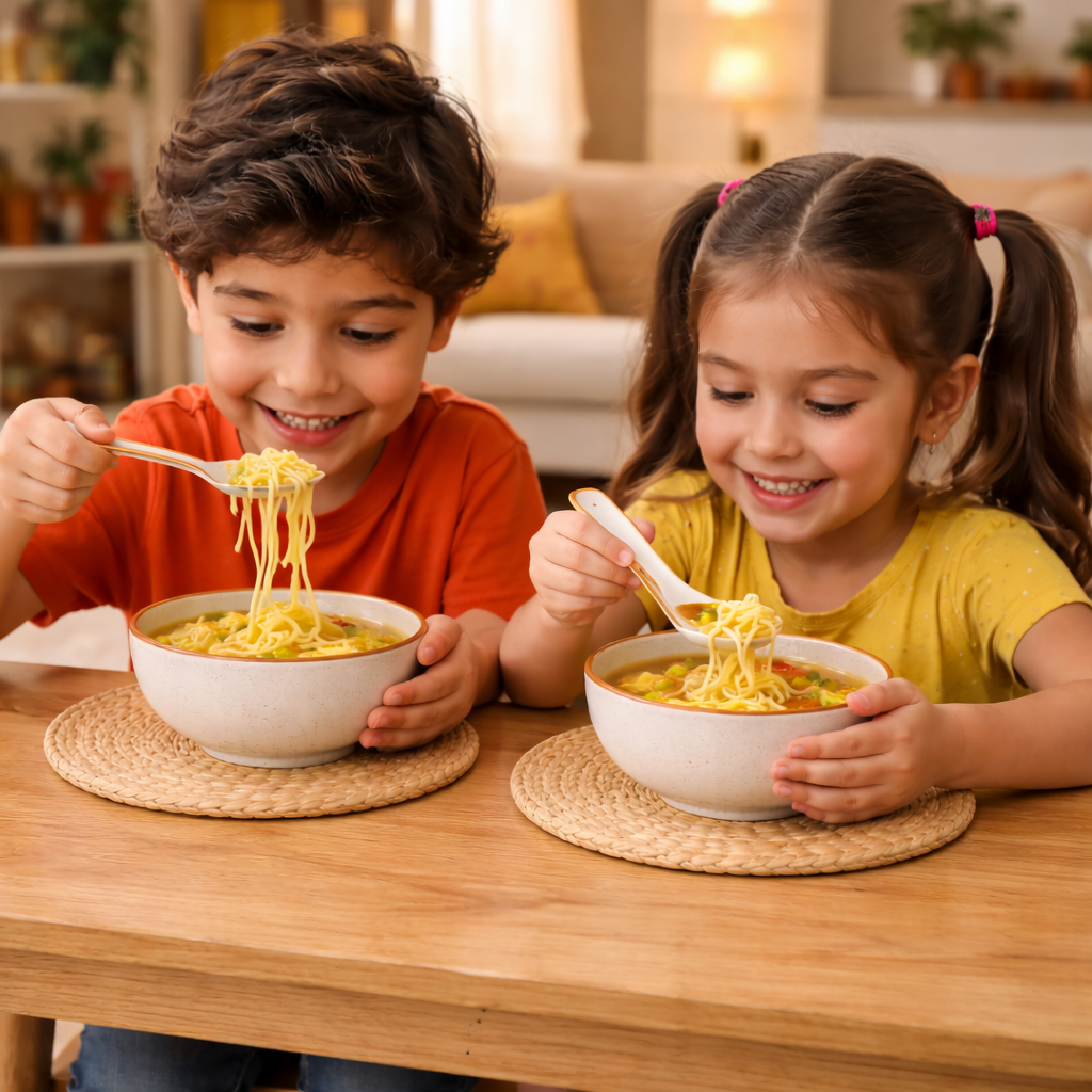 SAJAAO Ceramic Soup Bowls with Spoons, Speckled Finish, Microwave & Dishwasher Safe, for Noodles, Ramen, Dal & Curry (Off White, Set of 2)