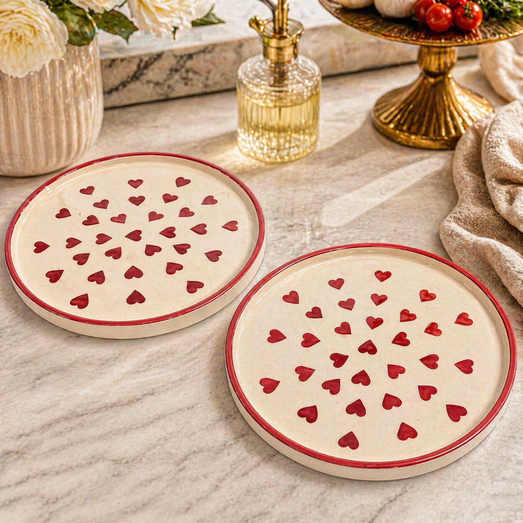 SAJAAO Ceramic Serving Platter | Red Heart Print Pizza Plates | Microwave & Dishwasher Safe Serveware | Ideal for Gifting, Serving Snacks, Salads, Starters & Noodles (Set of 2)
