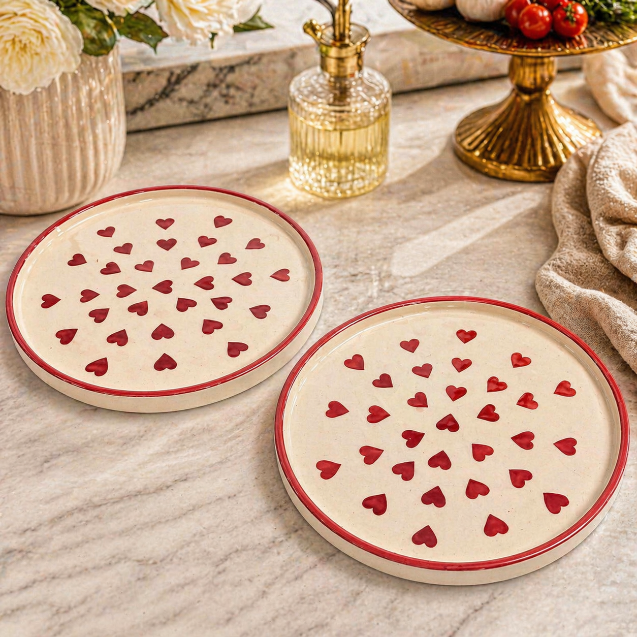 SAJAAO Ceramic Serving Platter | Red Heart Print Pizza Plates | Microwave & Dishwasher Safe Serveware | Ideal for Gifting, Serving Snacks, Salads, Starters & Noodles (Set of 2)