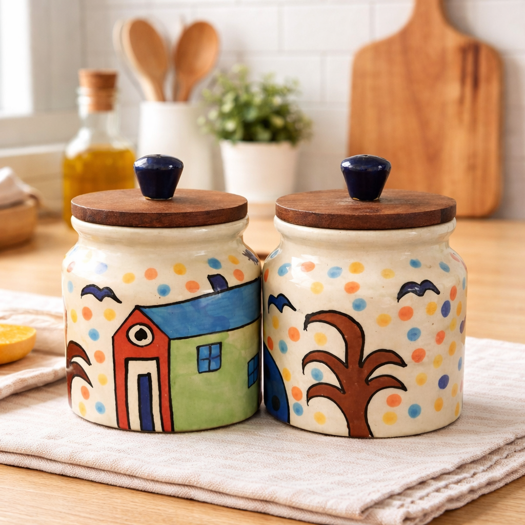 SAJAAO Jumbo Ceramic Jar Combo | Hand-Painted Storage Containers with Airtight Wooden Lid (Multicolour, Pack of 2)