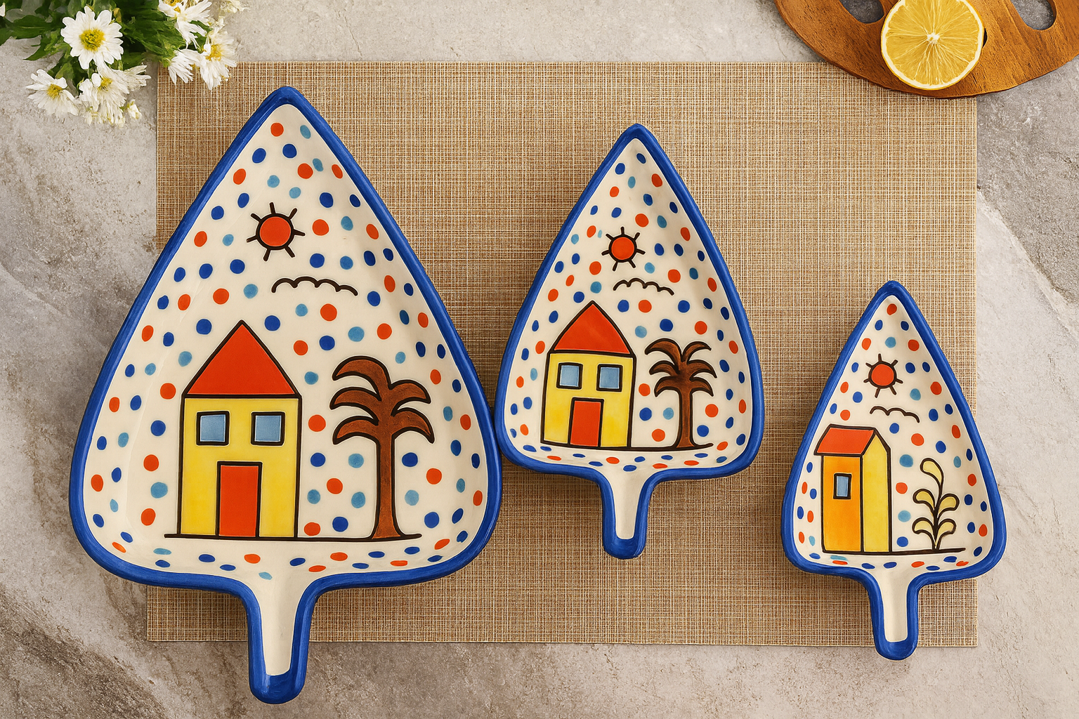 Sajaao Ceramic Serving Platters , Hand Painted Hut Design with Polka Dots for Serving Sweets, Cookies, Dry Fruits (Multicolour, Set of 3)