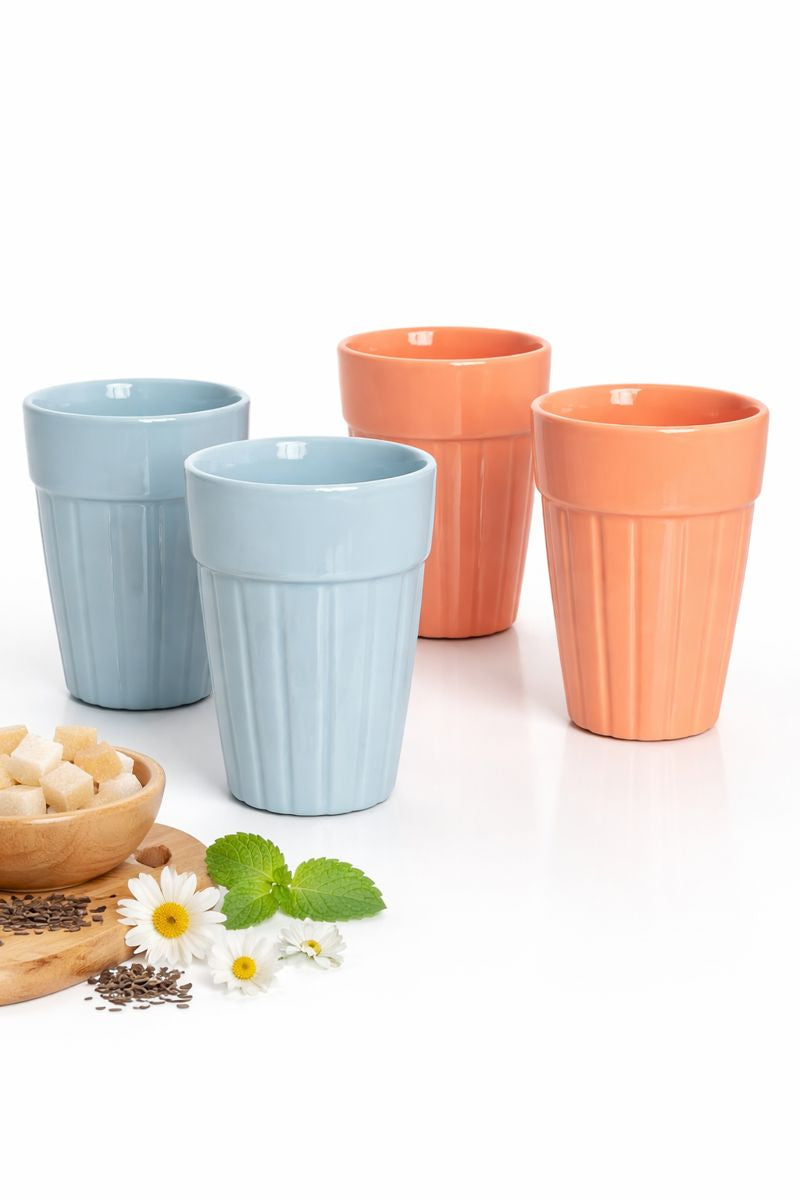 SAJAAO Cutting Chai Glass Ceramic Cup Set, Tea Coffee Milk Soup Beverages (Blue & Peach, Set of 4)