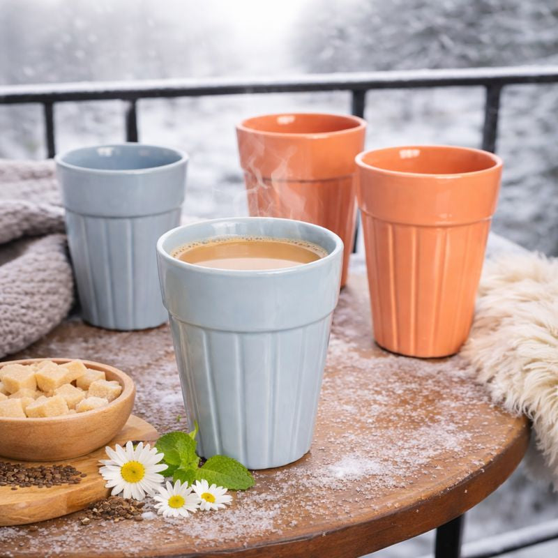 SAJAAO Cutting Chai Glass Ceramic Cup Set, Tea Coffee Milk Soup Beverages (Blue & Peach, Set of 4)