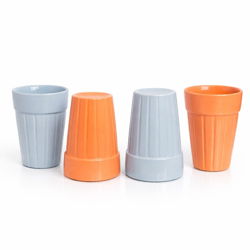 SAJAAO Cutting Chai Glass Ceramic Cup Set, Tea Coffee Milk Soup Beverages (Blue & Peach, Set of 4)