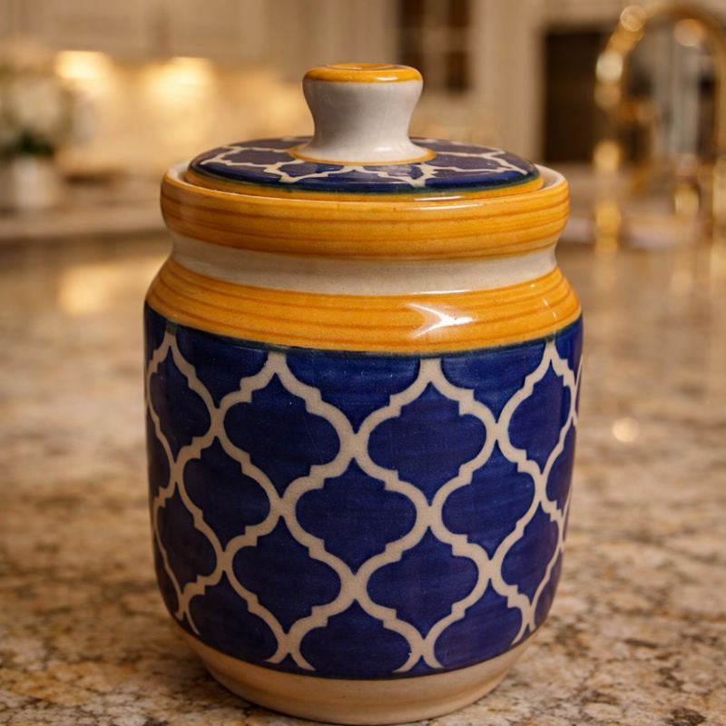 Sajaao Ceramic Storage Jar with Lid, Blue and Yellow Moroccan Pattern, Handcrafted Kitchen Container for Pickle, Spices, Tea, Coffee, Sugar (Blue, Set of 2)